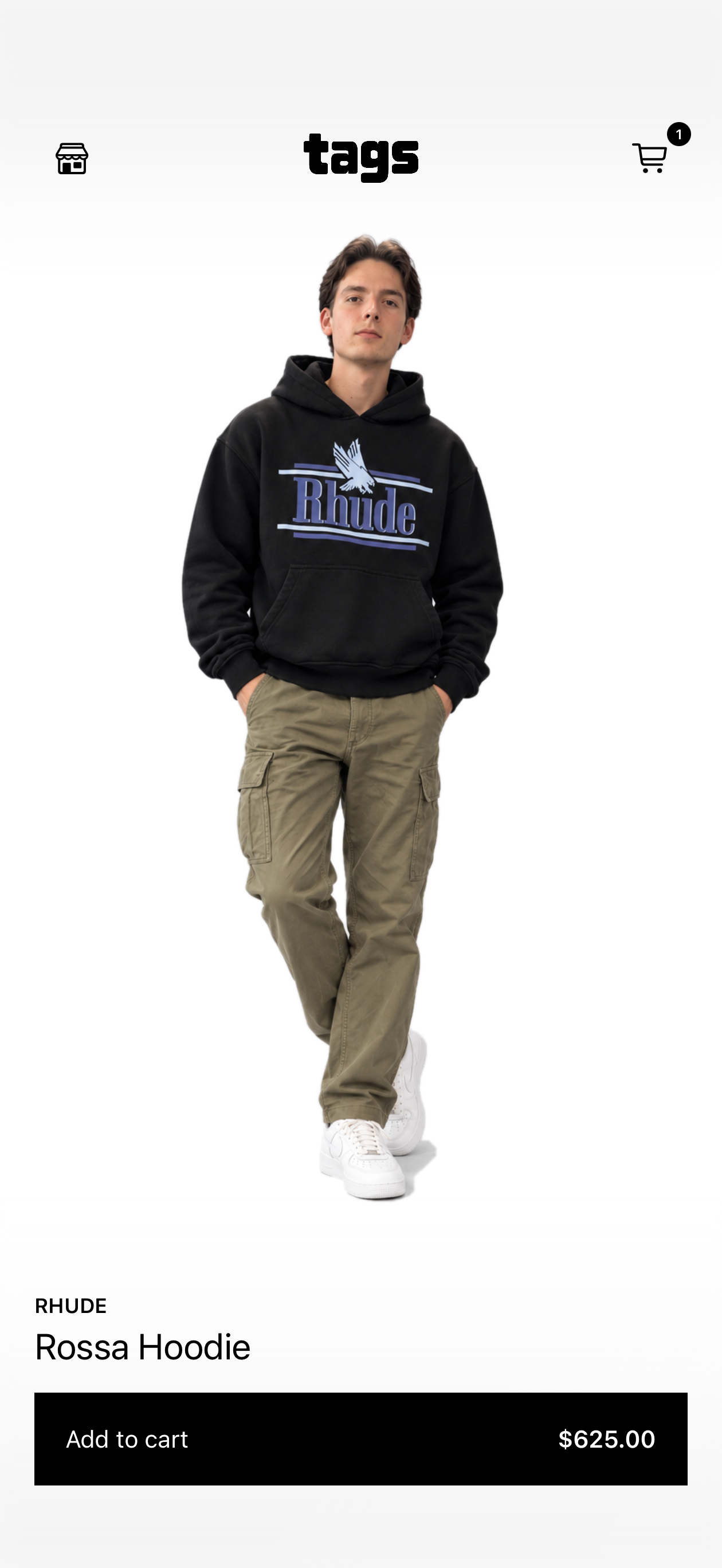 Wearing a Rhude hoodie in the Tags app